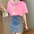 Short-sleeve Zip Up Hoodie / Denim Mini A-line Skirt