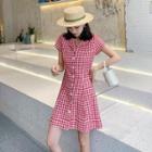 Short-sleeve Buttoned Gingham A-line Mini Dress