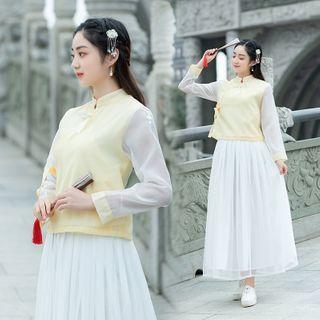 Set: Embroidered Mesh Panel Haufu Top + Maxi A-line Skirt