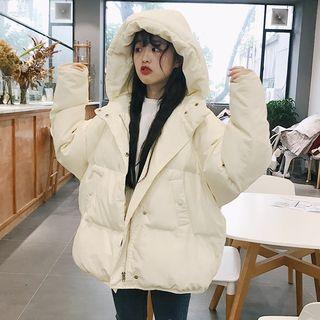 Stand Collar Buttoned Hooded Padded Jacket Almond - One Size