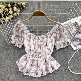 Off-shoulder Floral Chiffon Crop Blouse