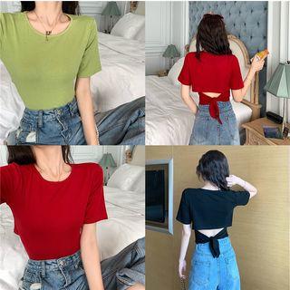 Tie-back Short-sleeve Plain Top