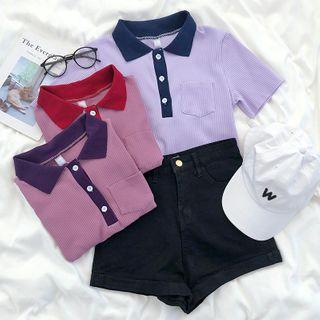 Short-sleeve Color-block Collar Top