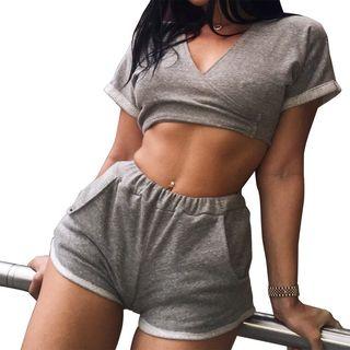 Sport Set: Short-sleeve V-neck Top + Shorts