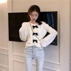 Long-sleeve Buttoned Bow-accent Knit Top