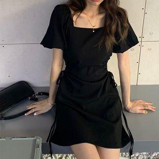 Short-sleeve Square-neck Drawstring A-line Dress