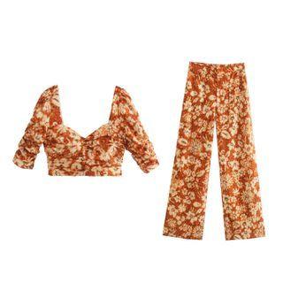 Short-sleeve Flower Print Cropped Blouse / Wide-leg Pants