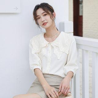Elbow-sleeve Lace Trim Collar Blouse