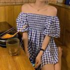 Short-sleeve Cold Shoulder Plaid A-line Dress Gingham - Blue - One Size