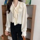 Bell-sleeve Peter Pan Collar Ruffle Trim Tie Neck Blouse Almond - One Size