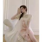 Short-sleeve Lace Front-slit Blouse / Strapless Lace Trim Mini Sheath Dress