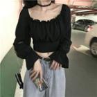 Long-sleeve Lace-up Back Crop Top Black - One Size