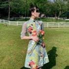 Mesh Panel Elbow-sleeve Printed Mini A-line Dress