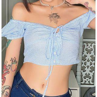 Cap-sleeve Off-shoulder Gingham Crop Top