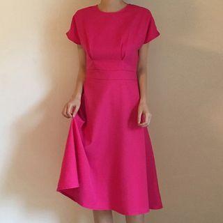 Round-neck Short-sleeve Plain Dress Rose Pink - One Size