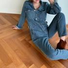 Metal-button Denim Shirt Jumpsuit Blue - One Size