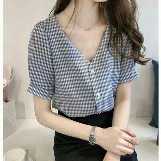 V-neck Plaid Short Sleeve Blouse