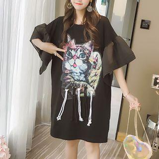 Cat Applique Short Sleeve T-shirt Dress