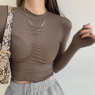 Mock-neck Ruched Crop T-shirt