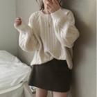 Long-sleeve Plain Cable Knit Sweater Off-white - One Size