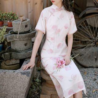 Short-sleeve Peach Print Qipao