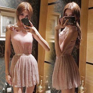 Set: Beaded Sleeveless Top + Pleated Skirt