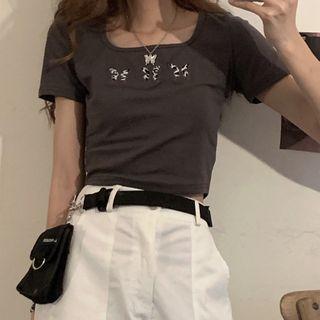 Short-sleeve Butterfly Printed Cropped Top