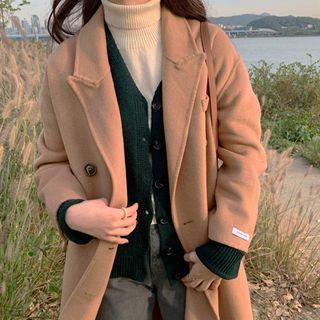 Peaked-lapel Double-breasted Wool Blend Coat Camel - One Size
