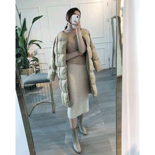 Collarless Snap-button Puffer Coat