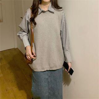 Pinstripe Long-sleeve Shirt/round-neck Vest
