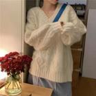 V-neck Cable-knit Sweater As Shown In Figure - One Size