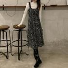 Long-sleeve Mock-neck T-shirt / Sleeveless Leopard Print Midi Dress