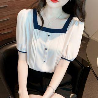 Puff-sleeve Square Neck Contrast Trim Blouse