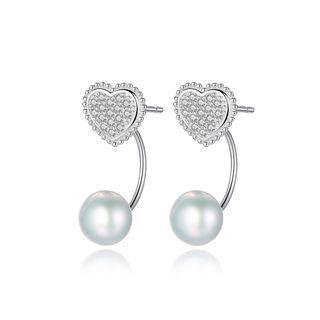 Sterling Silver Fashion Sweet Heart-shaped White Freshwater Pearl Earrings With Cubic Zirconia Silver - One Size