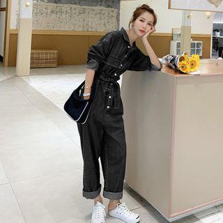 Long-sleeve Straight-cut Denim Cargo Jumpsuit
