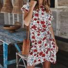 Short-sleeve Floral Tie-waist Mini A-line Dress