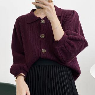 Plain Collared 3/4-sleeve Knit Cardigan