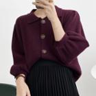 Plain Collared 3/4-sleeve Knit Cardigan