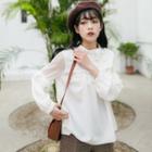 Long-sleeved Loose-fit Straight Frill Plain Bow Blouse