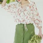 Lace-up Printed 3/4-sleeve Top