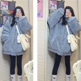 Fluffy Zipped Jacket Grayish Blue - One Size