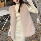 Long-sleeve Mock-neck Cutout Knit Sheath Dress / Fluffy Vest