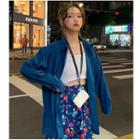Long-sleeve Shirt / Cropped Tank Top / Floral Print A-line Midi Skirt