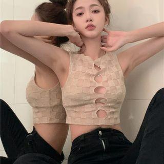 Cut-out Check Knit Tank Top Khaki - One Size