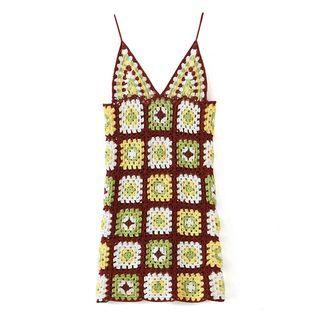 Spaghetti-strap Knit Mini Bodycon Dress Red & White & Green - One Size