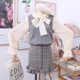 Set: Ribbon-neckline Chiffon Top + Knit Vest