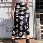 Printed Lace Trim Midi Pencil Skirt