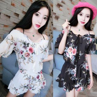 Off-shoulder Printed Short-sleeve Playsuit