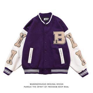 Lettering Faux Leather Paneled Baseball Jacket