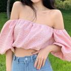 Puff-sleeve Off-shoulder Cropped Blouse Pink - One Size
